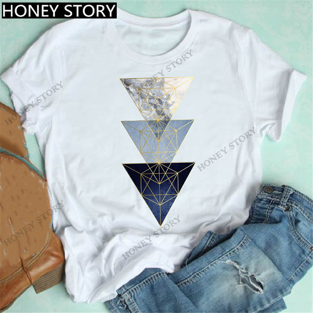 Geometry t shirt women 欧美个性几何图型印花短袖圆领男女T恤 - 图2