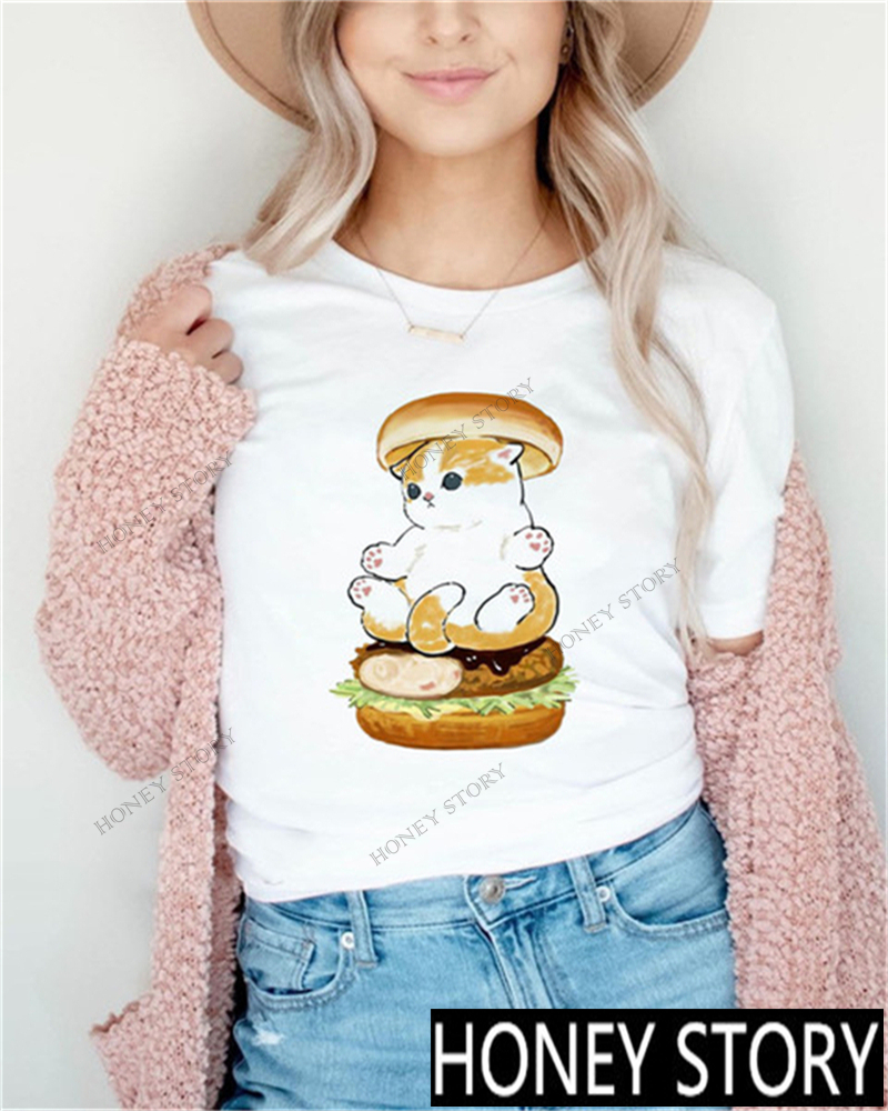 Fruits Cat Cute Print T-shirt 水果猫可爱印花女式T恤短袖夏季 - 图1