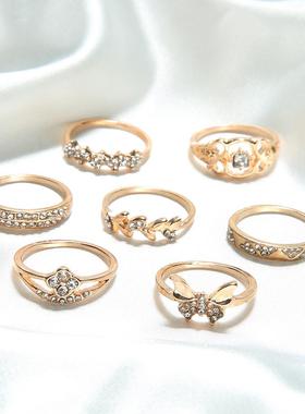 retro knuckle rings rhinestone flower butterfly joint ring套