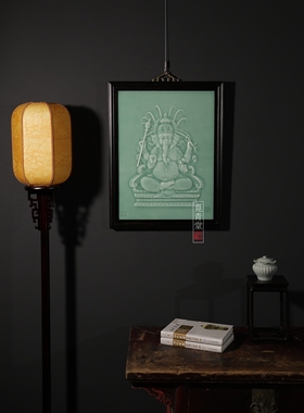 觅青堂中式手工刻花象神瓷板画