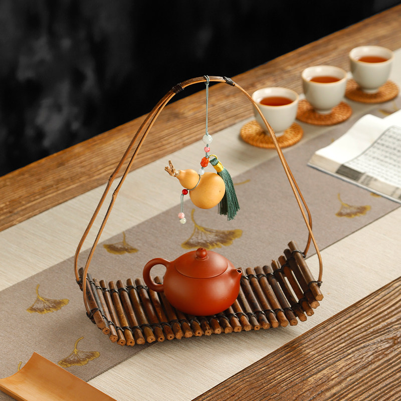 复古竹排茶点盘招财葫芦摆件玄关中式托盘手工竹编点心提篮零食碟,淘宝优惠券,粉丝福利购,淘宝优惠卷