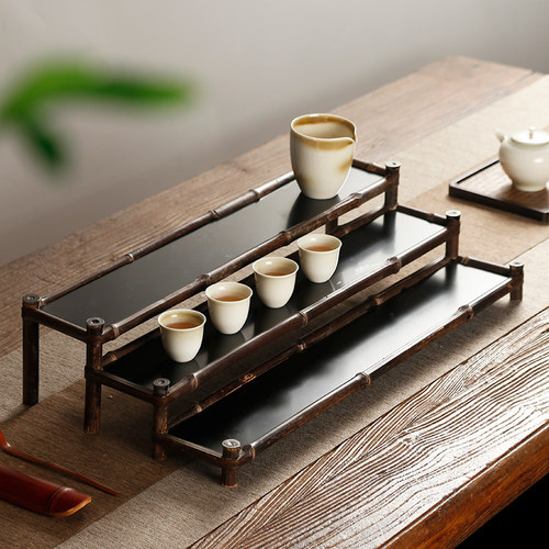 紫竹茶棚博古架 功夫茶具收纳竹茶道零配 实木杯垫茶杯架茶托杯托 - 图0