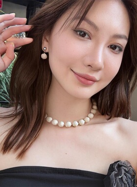 小众设计天然白化石耳钉项链