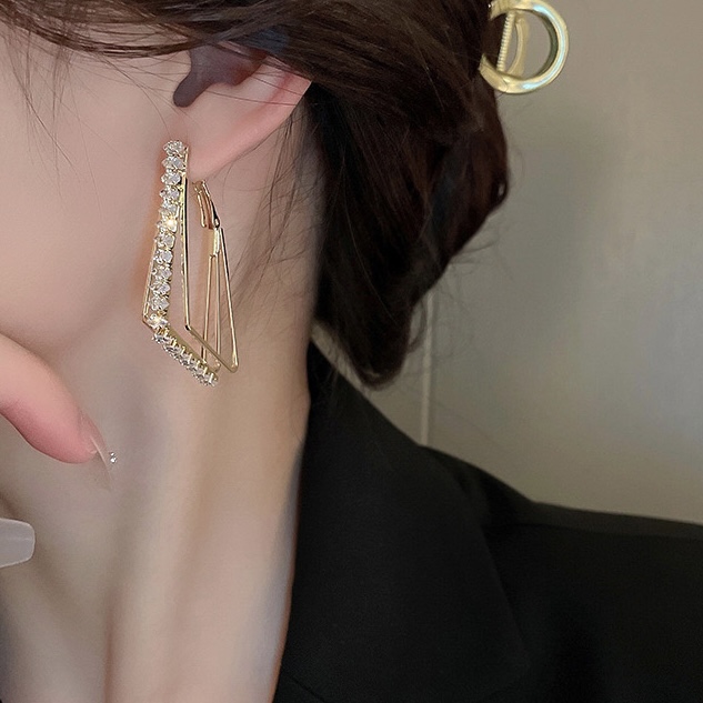 高级感几何方形轻奢大耳圈2023新款爆款纯银针镶钻菱形耳环女耳饰 - 图1