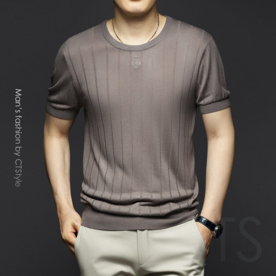Summer men's knitted ice silk round neck short-sleeved T-shirt