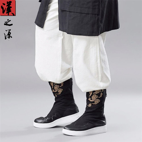 中国风男鞋复古官靴祥云刺绣古风汉服中筒靴男士加绒保暖秋冬靴子 - 图0