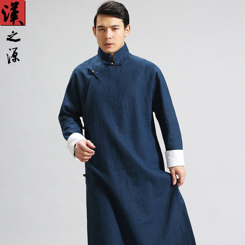 中国风民国长衫男士汉服棉麻唐装外套中式立领大襟男装禅修居士服 - 图1
