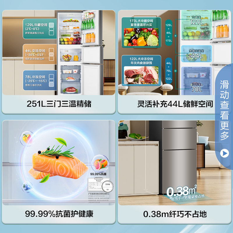 海信251L三开门家用小型冰箱一级能效风冷无霜变频租房节能变温 - 图2