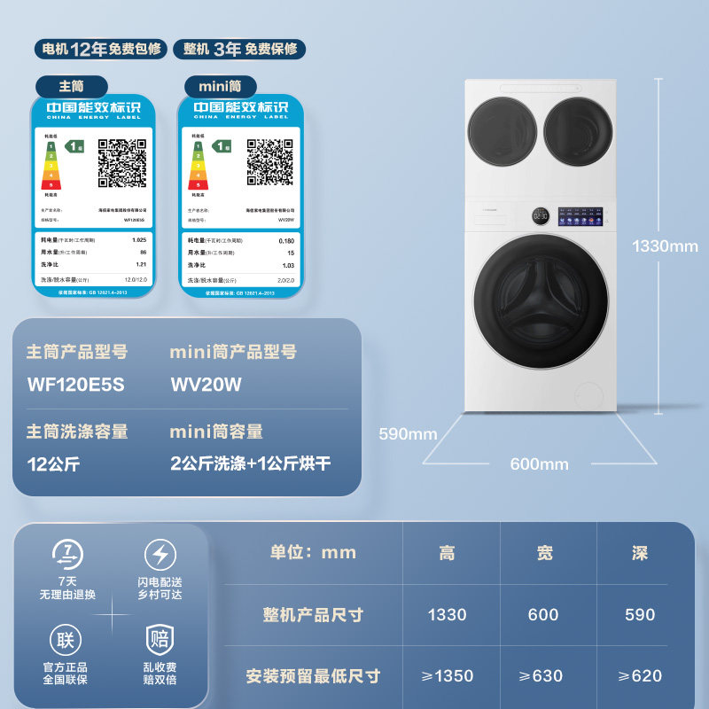 海信大薄荷2.0E5S全家筒14kg三筒洗衣机母婴内衣袜子洗烘一体套装