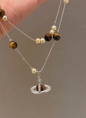 「嗔三酱」双层珍珠虎眼石土星吊坠项链美拉德复古锁骨链小众项饰
