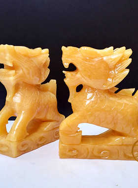 天然米黄玉财富麒麟摆件石雕