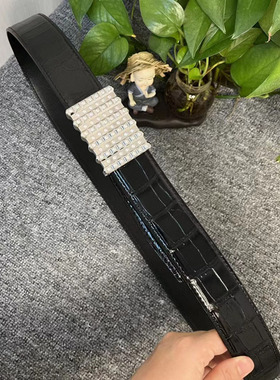新款水钻平滑扣鳄鱼皮高档男士皮带真皮商务休闲潮腰带带宽3.8cm