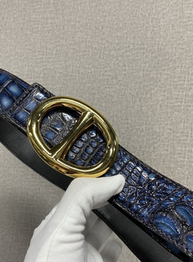 蓝色鳄鱼皮皮带男真皮商务休闲百搭平滑扣高档裤腰带3.8cm