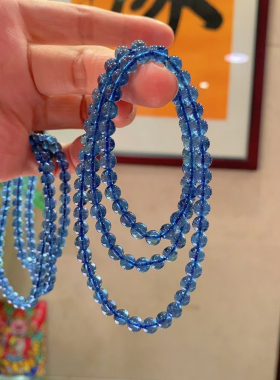 正品天然海蓝宝魔鬼蓝多圈手链女款饱满深邃的蓝圆润光滑新年礼物