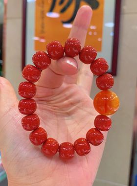 天然南红玛瑙老型珠手串柿子红冰透樱桃红切面桶珠满色大颗粒男女