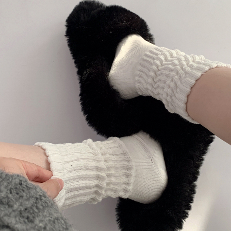 日系粗线肌理袜子女秋冬款堆堆袜白色纯棉中筒袜搭配鲨鱼裤长筒袜