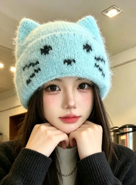 秋冬新款甜美显脸小猫耳针织帽女