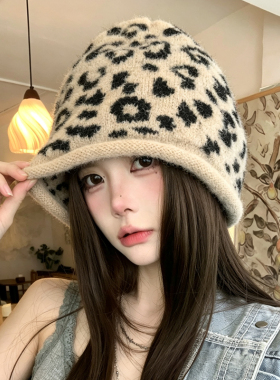 豹纹针织堆堆帽字女秋冬保暖护耳