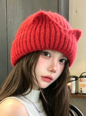 秋冬女韩系猫耳保暖护耳针织帽子