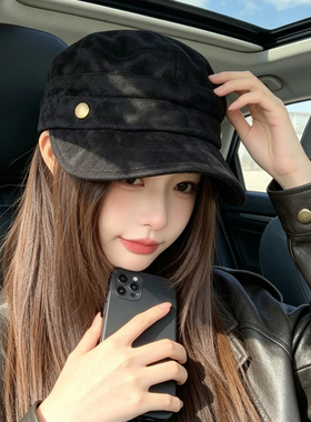 秋冬复古平顶鹿皮绒马术女帽
