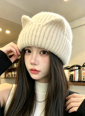 秋冬保暖猫耳针织帽女时尚显脸小