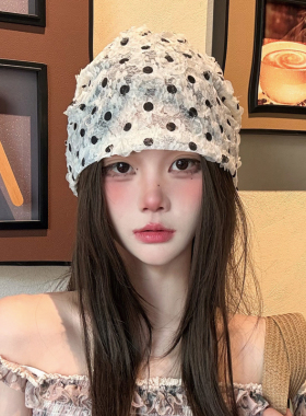 韩系蕾丝波点镂空包头帽女春夏季