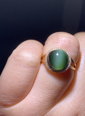 和田玉碧玉戒指猫眼戒指18k金镶俄料蓝猫一线活猫眼戒指碧玉猫眼