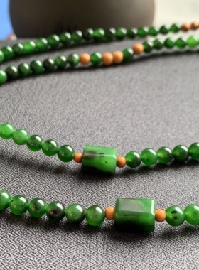 和田玉碧玉红皮老料菠菜绿手链项链锁骨链俄罗斯老料菠菜绿珠串