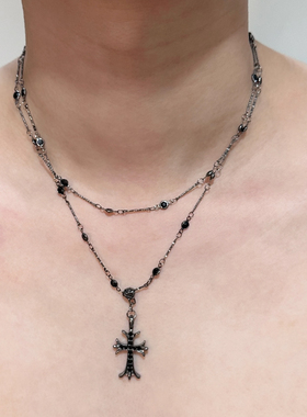 Komeiku 暗黑十字架choker 朋克哥特甜酷毛衣链双层项链锁骨链