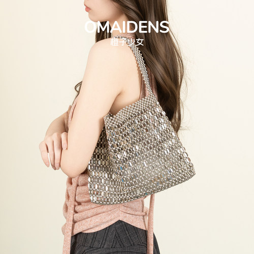 橙子少女复古金属感亮片编织包辣妹高级感单肩腋下包链条手提包包 - 图2