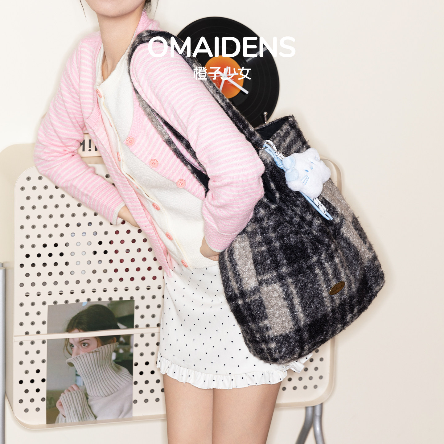 橙子少女韩系格纹毛呢包包女式2025年秋冬新款手提包大容量单肩包,淘宝优惠券,粉丝福利购,淘宝优惠卷