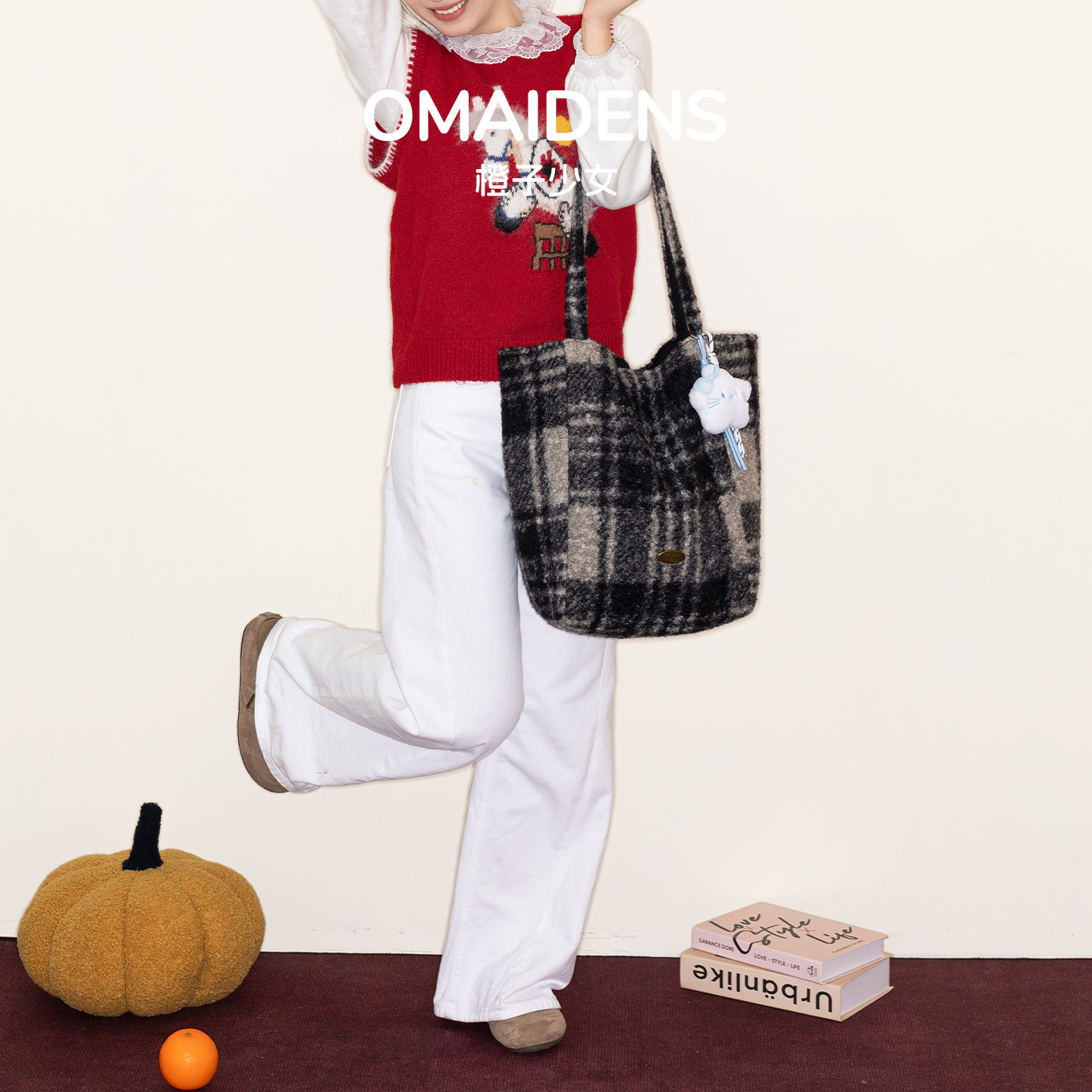 橙子少女韩系格纹毛呢包包女式2025年秋冬新款手提包大容量单肩包,淘宝优惠券,粉丝福利购,淘宝优惠卷