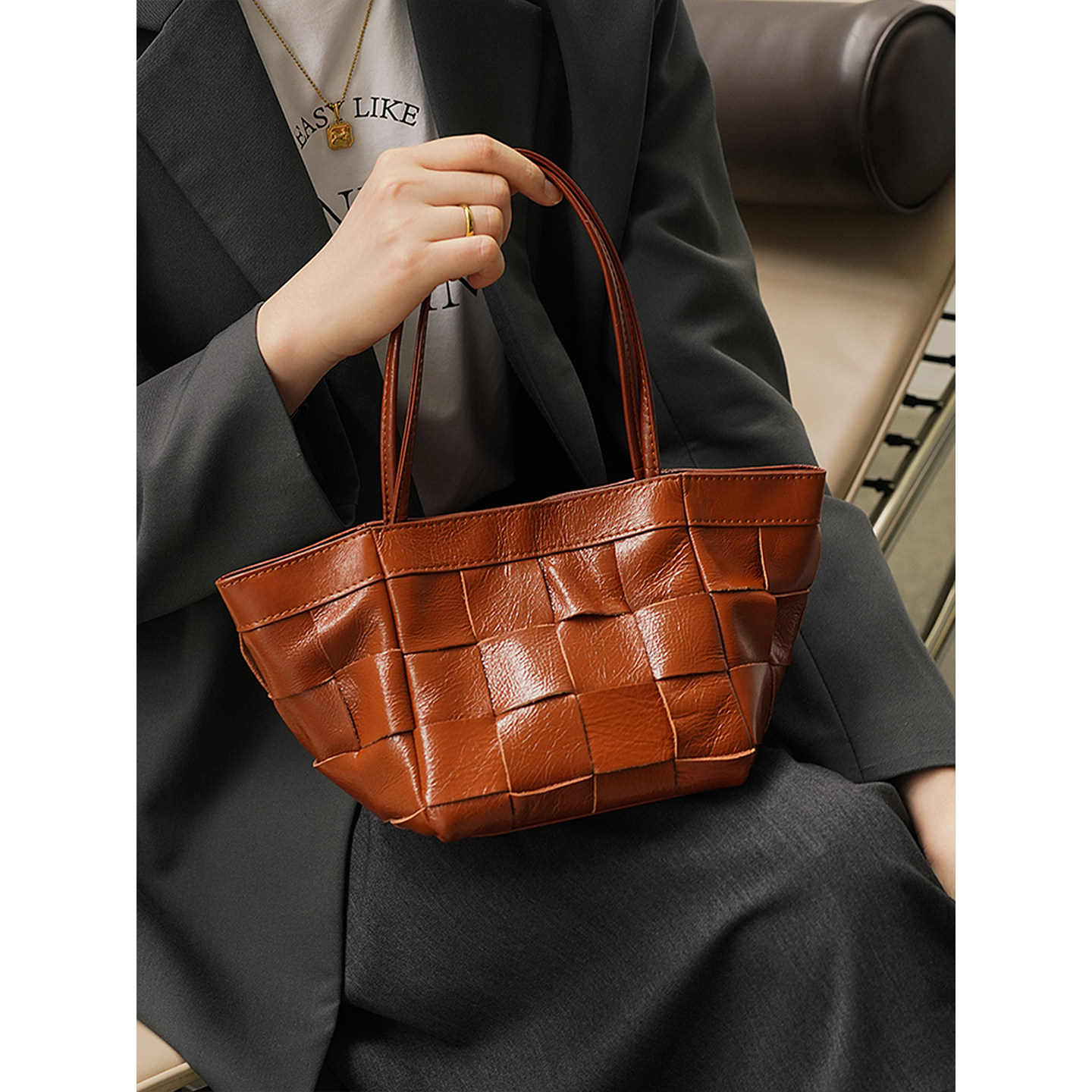 橙子少女小众头层牛皮编织包包女大容量真皮托特包单肩斜挎手提包,淘宝优惠券,粉丝福利购,淘宝优惠卷