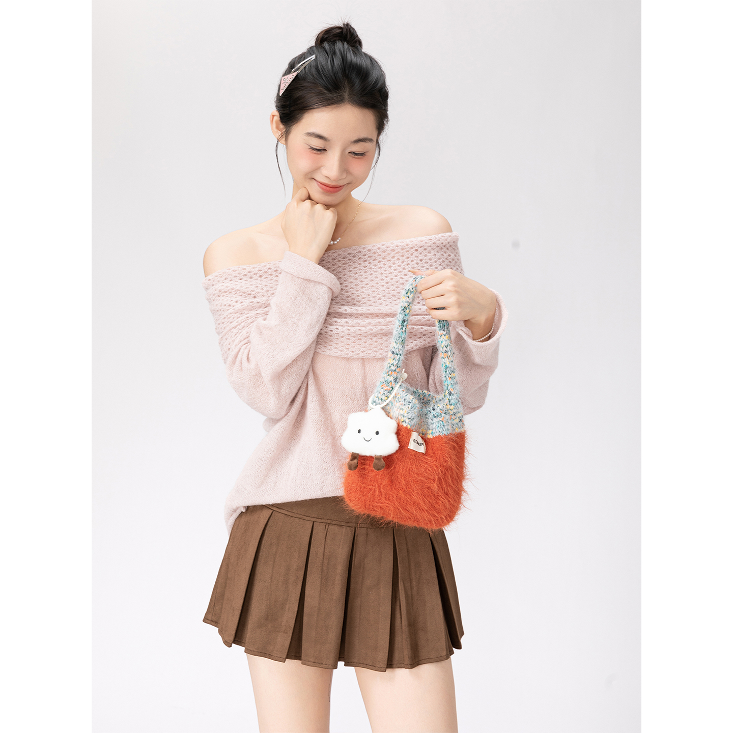 橙子少女韩系可爱撞色编织毛线女包2025秋冬新款毛绒包小众手提包