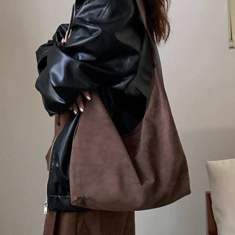 韩版麂皮绒单肩包女2025新款秋冬百搭斜挎包复古大容量通勤托特包,淘宝优惠券,粉丝福利购,淘宝优惠卷