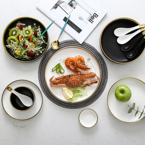 北欧风金边西餐盘单个简约家用陶瓷盘黑白哑光大汤碗饭碗菜盘 - 图0