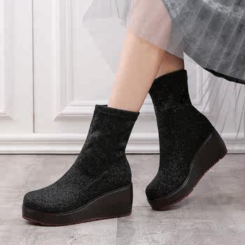 ເກີບສົ້ນຕີນກາງ-calf stretch boots for women 2022 autumn and winter new style simple style Korean versatile sock boots fashionable thick-soled flat-soled boots casual