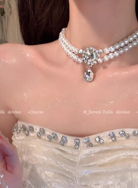 轻奢小众高级感名媛同款双层叠加珍珠项链爆闪夸张大锆石吊坠颈