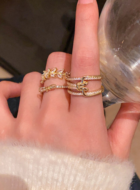 韩系小众高级感精致微镶锆石戒指女开口可调节食指戒网红同款指环