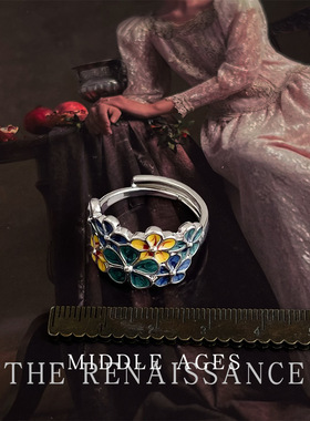 繁花似锦~文艺复古蓝色珐琅滴釉花朵戒指开口可调节花簇食指戒女