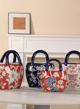 新中式陶瓷花瓶手提包花瓶红色缠枝莲纹家居装饰客厅艺术摆件瓷器