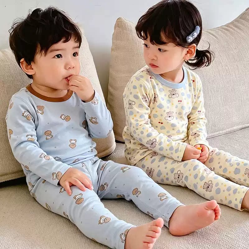 Class A pure cotton autumn and winter thermal underwear set for boys and girls, baby home clothes, autumn clothes and long pants, children's pajamas, comfortable