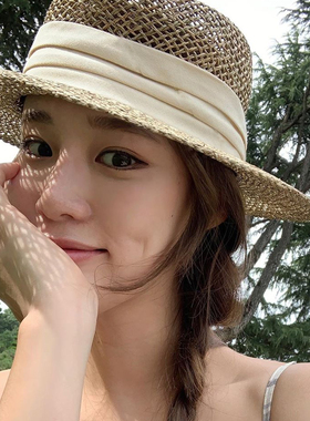 镂空法式度假草帽圆环顶女平檐帽