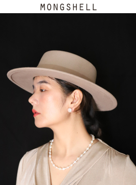 礼帽逛街法式女秋冬平檐绒带帽子