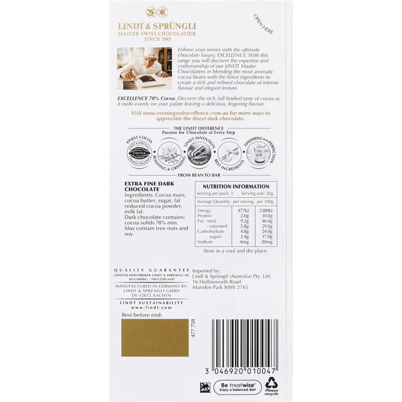 Lindt Excellence Rich Dark Chocolate 78% Cocoa可可巧克力100g - 图0