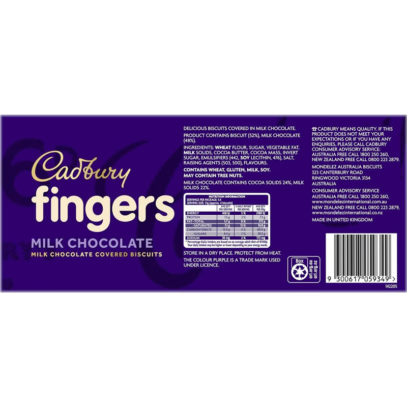 澳洲Cadbury Fingers Milk Chocolate吉百利牛奶巧克力手指饼114g - 图0