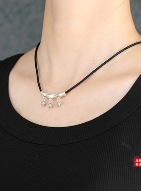 原创999纯银弯管铃铛女项链足银黑绳吊坠铃铛锁骨链