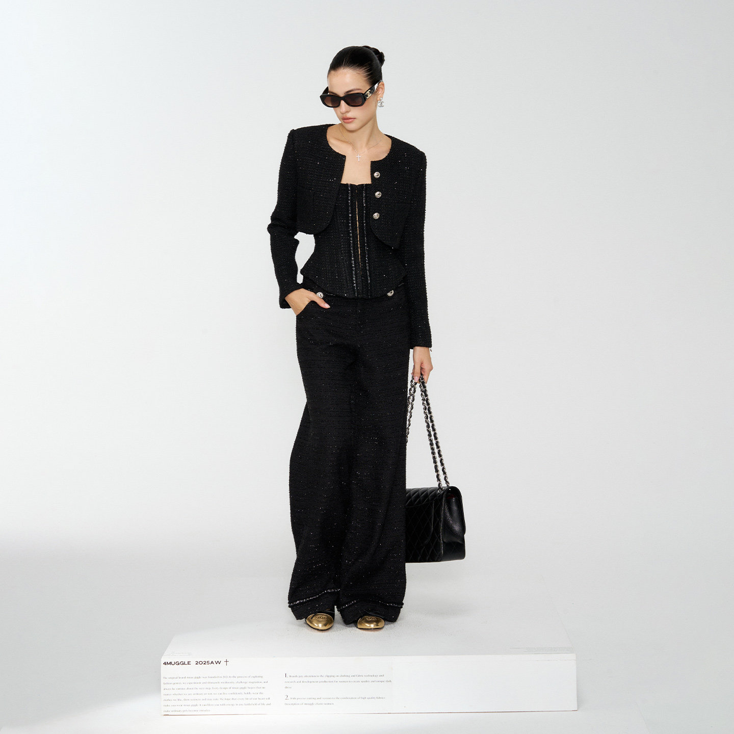 4muggle"黑色月光"小香风羊毛三件套法式吊带性感长裤显瘦外套女,淘宝优惠券,粉丝福利购,淘宝优惠卷