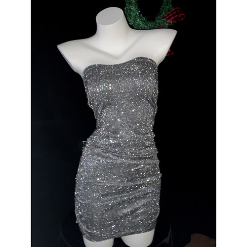 【Peach heart】包臀裙闪粉新品性感V领抹胸连衣裙夜店*会掉闪粉 - 图0