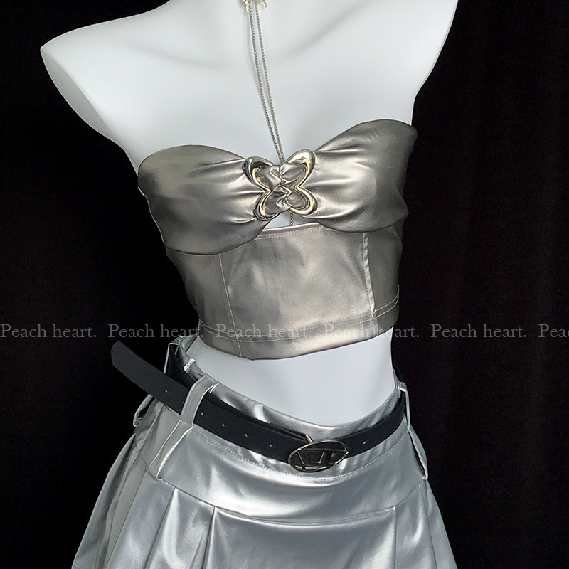 【Peach heart】Y2K爱心抹胸上衣银色辣妹纯欲修身裹胸露背背心,淘宝优惠券,粉丝福利购,淘宝优惠卷